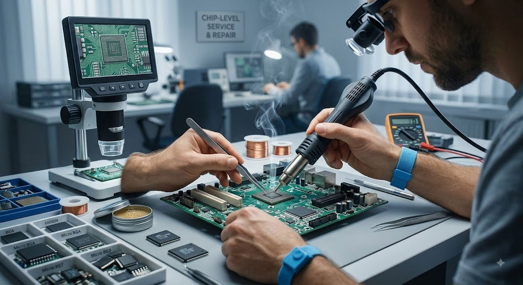 Technician repairing laptop motherboard