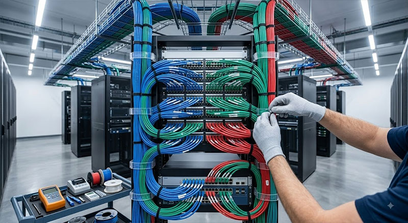 Networking cables and switch in a server cabinet