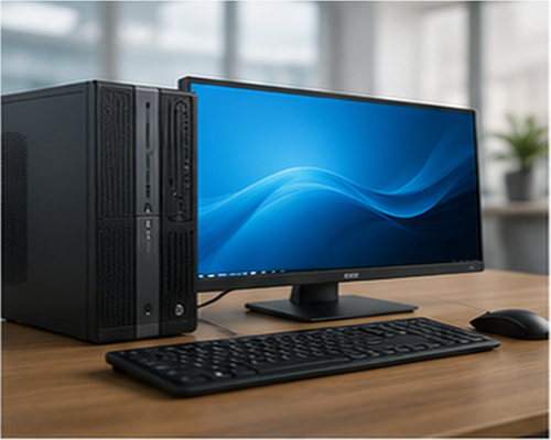 Office desktop computer tower and monitor